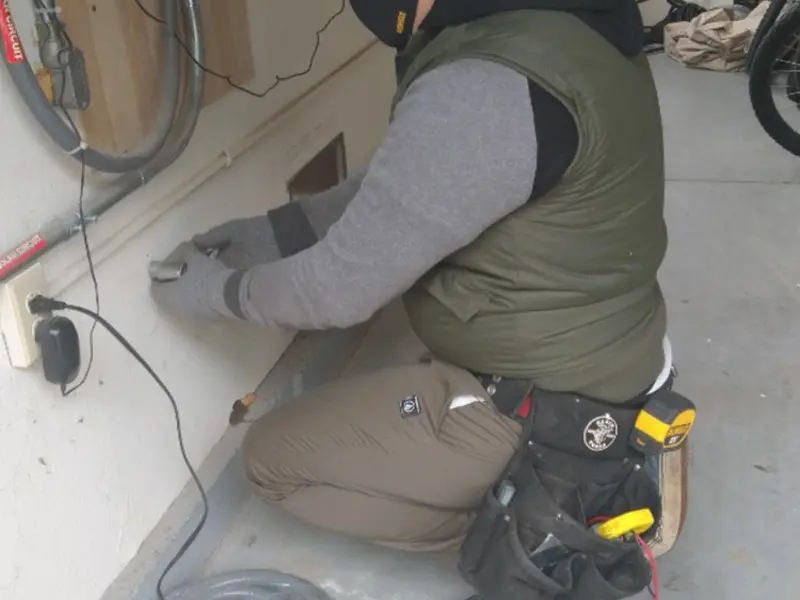 Electrician performing outlet wiring in a Fairview garage